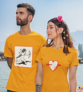 Cupid Hitting Arrow, Printed (Yellow) T-shirts For Couples
