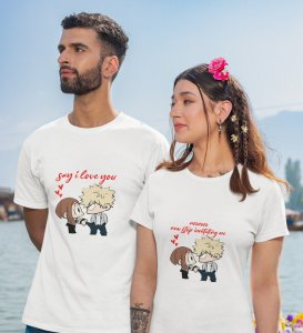 Stubborn Girlfriend Cute Printed (White) T-shirts For Couples