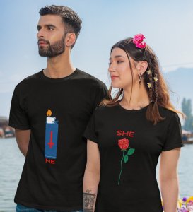 He Is Fire/She Is Rose Printed (Black) T-shirts For Couple