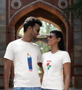 He Is Fire/She Is Rose Printed (White) T-shirts For Couple