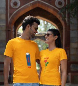 He Is Fire/She Is Rose Printed (Yellow) T-shirts For Couple