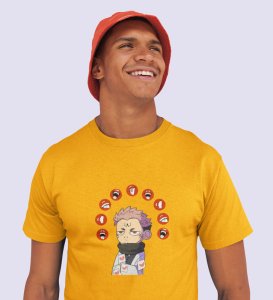 Nine Faced Itadori Cotton Yellow Printed Tshirt For Mens and Boys
