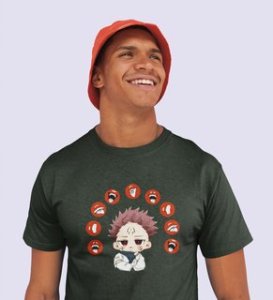 Itadori Two Faces, Printed Cotton Green Tshirt For Mens and Boys