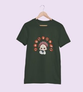 Itadori Two Faces, Printed Cotton Green Tshirt For Mens and Boys
