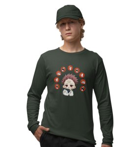 Anime Printed Itadori Cotton Green Full Sleeves Tshirt For Mens and Boys