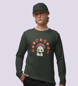 Anime Printed Itadori Cotton Green Full Sleeves Tshirt For Mens and Boys