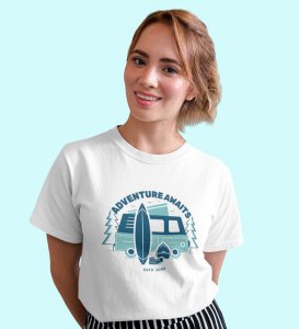 Adventure Awaits White Round Neck Cotton Half Sleeved Women's T-Shirt with Printed Graphics