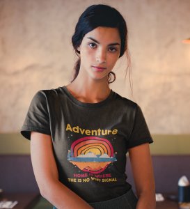 HopOfferGreat Outdoors Black Round Neck Cotton Half Sleeved Women's T-Shirt with Printed Graphics