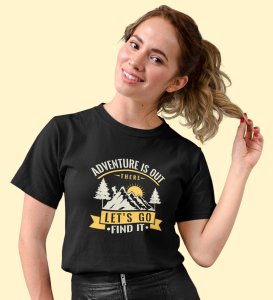 HopOfferLet's Find It Black Round Neck Cotton Half Sleeved Women's T-Shirt with Printed Graphics