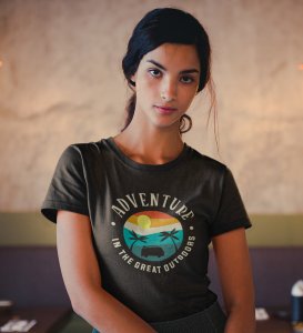 HopOfferGreat Outdoors Black Round Neck Cotton Half Sleeved Women's T-Shirt with Printed Graphics