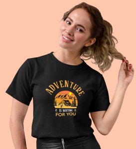 HopOfferIt's Waiting For You  Black Round Neck Cotton Half Sleeved Women's T-Shirt with Printed Graphics