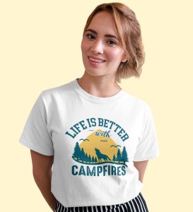 Better With Campfires White Round Neck Cotton Half Sleeved Women's T-Shirt with Printed Graphics