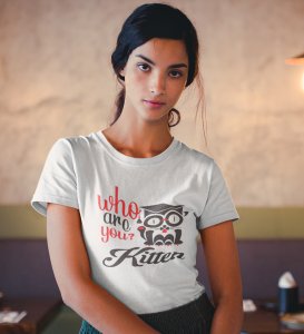 The Kitten White Round Neck Cotton Half Sleeved Women's T-Shirt with Printed Graphics