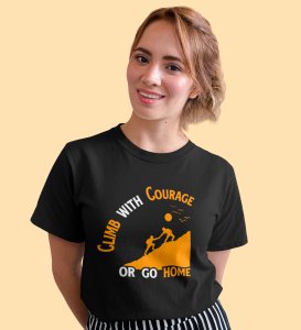HopOfferThe Courageous Climb Black Round Neck Cotton Half Sleeved Women's T-Shirt with Printed Graphics