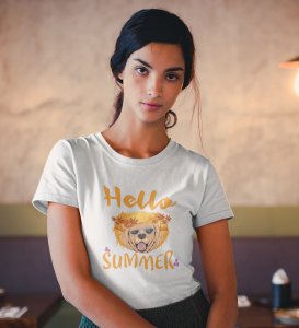 HopOfferHello Summer White Round Neck Cotton Half Sleeved Women's T-Shirt with Printed Graphics