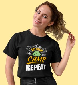HopOfferThe Camp Routine Black Round Neck Cotton Half Sleeved Women's T-Shirt with Printed Graphics