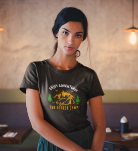 HopOfferEnjoy Adventures Black Round Neck Cotton Half Sleeved Women's T-Shirt with Printed Graphics