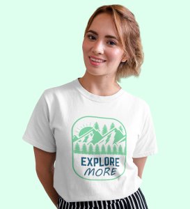 Explore More White Round Neck Cotton Half Sleeved Women's T-Shirt with Printed Graphics
