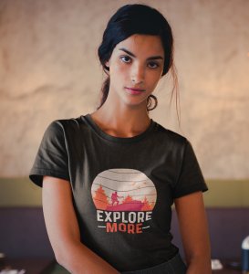 HopOfferExplore Black Round Neck Cotton Half Sleeved Women's T-Shirt with Printed Graphics