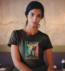 HopOfferIn The Mountains Black Round Neck Cotton Half Sleeved Women's T-Shirt with Printed Graphics
