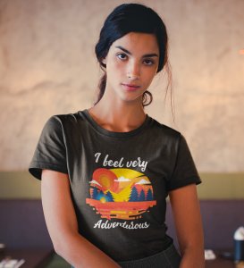 HopOfferFeel Adventurous Black Round Neck Cotton Half Sleeved Women's T-Shirt with Printed Graphics