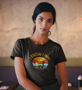 HopOfferI Know I Hike Black Round Neck Cotton Half Sleeved Women's T-Shirt with Printed Graphics