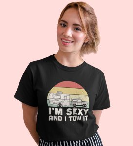 HopOfferI Tow It Black Round Neck Cotton Half Sleeved Women's T-Shirt with Printed Graphics