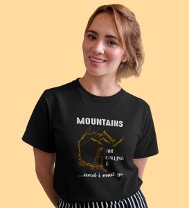 HopOfferThe Call Of Mountains Black Round Neck Cotton Half Sleeved Women's T-Shirt with Printed Graphics