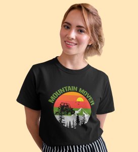 HopOfferMountain Mover  Black Round Neck Cotton Half Sleeved Women's T-Shirt with Printed Graphics