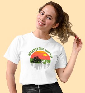 Mountain Mover White Round Neck Cotton Half Sleeved Women's T-Shirt with Printed Graphics