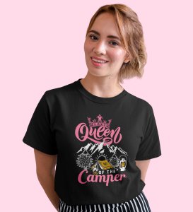 HopOfferQueen Of Camper Black Round Neck Cotton Half Sleeved Women's T-Shirt with Printed Graphics