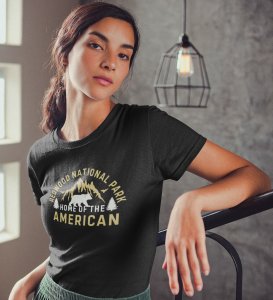 HopOfferRedwood Black Round Neck Cotton Half Sleeved Women's T-Shirt with Printed Graphics