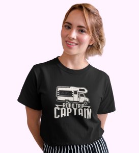 HopOfferRoadtrip Captain Black Round Neck Cotton Half Sleeved Women's T-Shirt with Printed Graphics