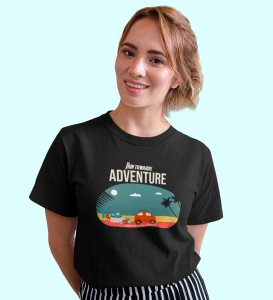 HopOfferTowards Adventure Black Round Neck Cotton Half Sleeved Women's T-Shirt with Printed Graphics
