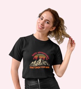HopOfferOpen Your Mind Black Round Neck Cotton Half Sleeved Women's T-Shirt with Printed Graphics