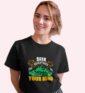 HopOfferSeek Adventure (Green)  Black Round Neck Cotton Half Sleeved Women's T-Shirt with Printed Graphics