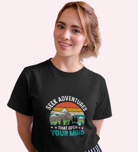 HopOfferAdventures Open Mind Black Round Neck Cotton Half Sleeved Women's T-Shirt with Printed Graphics