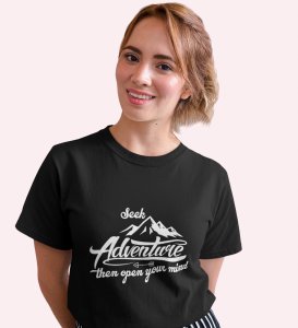 HopOfferSeek Adventure  Black Round Neck Cotton Half Sleeved Women's T-Shirt with Printed Graphics