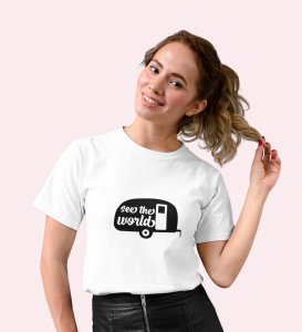 See The World White Round Neck Cotton Half Sleeved Women's T-Shirt with Printed Graphics