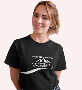 HopOfferEyes Of The Travellers  Black Round Neck Cotton Half Sleeved Women's T-Shirt with Printed Graphics