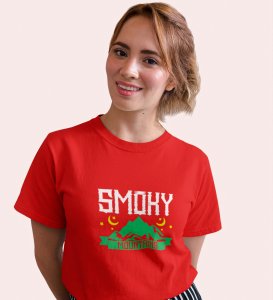 HopOfferSmoky Mountains Red Round Neck Cotton Half Sleeved Women's T-Shirt with Printed Graphics