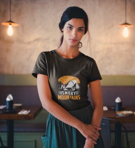 HopOfferSmoky Mountain Black Round Neck Cotton Half Sleeved Women's T-Shirt with Printed Graphics