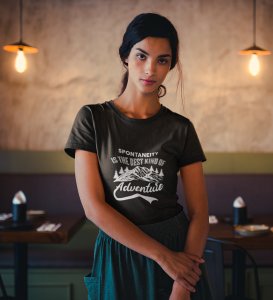 HopOfferBest Kind Of Adventure Black Round Neck Cotton Half Sleeved Women's T-Shirt with Printed Graphics