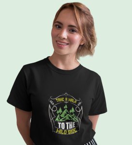 HopOfferThe Wild Side Black Round Neck Cotton Half Sleeved Women's T-Shirt with Printed Graphics