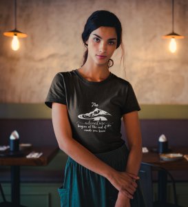 HopOfferEnd Of The Roads Black Round Neck Cotton Half Sleeved Women's T-Shirt with Printed Graphics