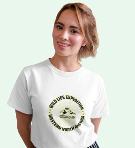 Wilderness White Round Neck Cotton Half Sleeved Women's T-Shirt with Printed Graphics