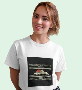 Mountain Explorer White Round Neck Cotton Half Sleeved Women's T-Shirt with Printed Graphics