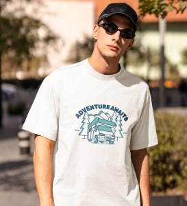 HopOfferThe Awaited Adventure White Round Neck Cotton Half Sleeved Men's T-Shirt with Printed Graphics