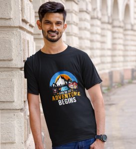 JD.TRENDS Adventure Begins Black Round Neck Cotton Half Sleeved Men's T-Shirt with Printed Graphics