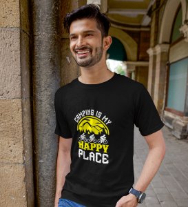JD.TRENDS Camping- My Happy Place Black Round Neck Cotton Half Sleeved Men's T-Shirt with Printed Graphics